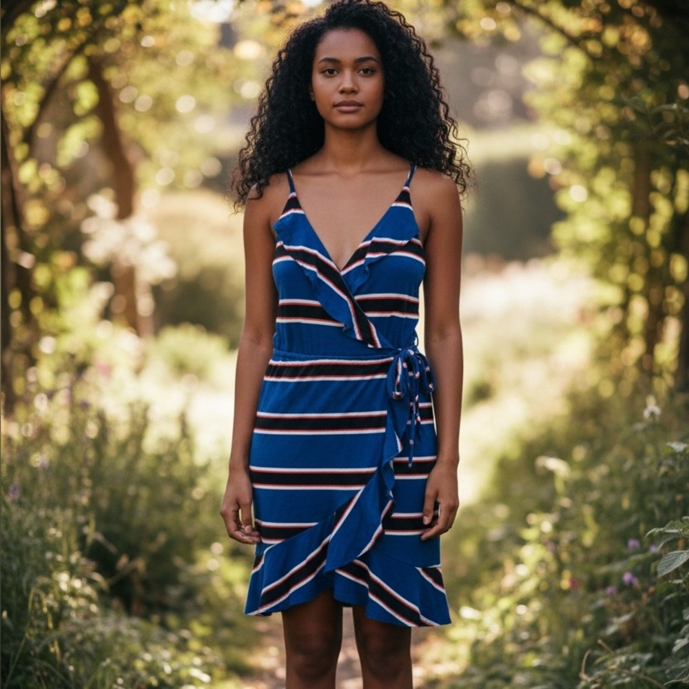 Express Blue Stripe Wrap Dress Size M Ruffle Hem, Summer Vacation Dress